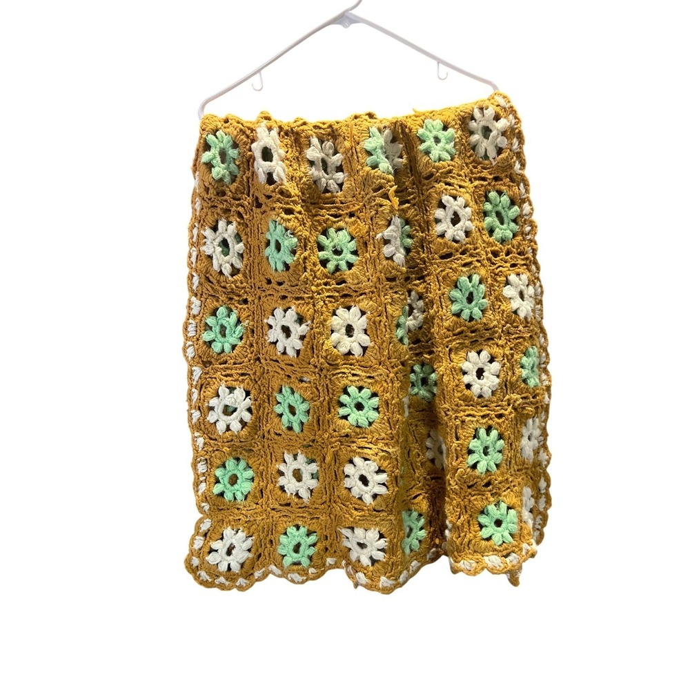 Handmade Crochet Granny Square Blanket Mustard Yellow Mint White Throw